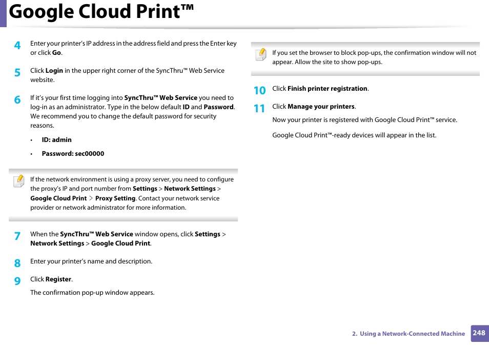 Google cloud print | Samsung CLX-4195N-XAX User Manual | Page 248 / 423