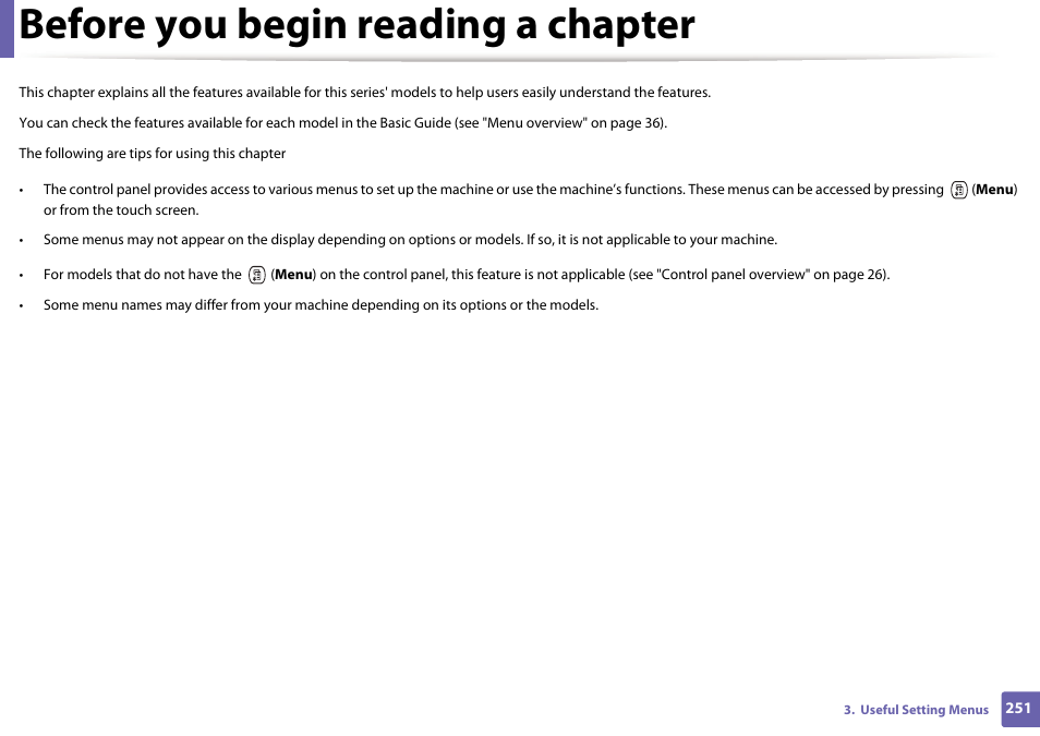 Before you begin reading a chapter | Samsung CLX-4195N-XAX User Manual | Page 251 / 423