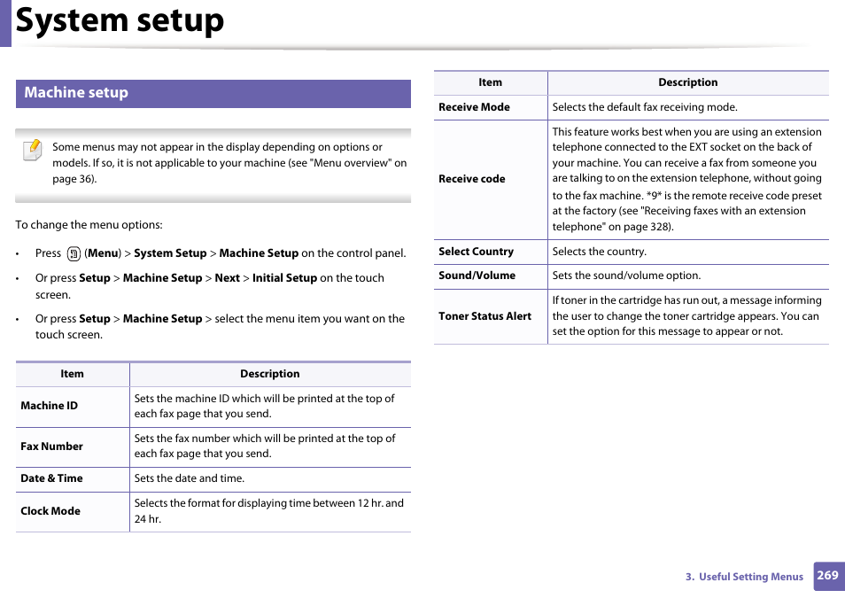 System setup, Machine setup | Samsung CLX-4195N-XAX User Manual | Page 269 / 423