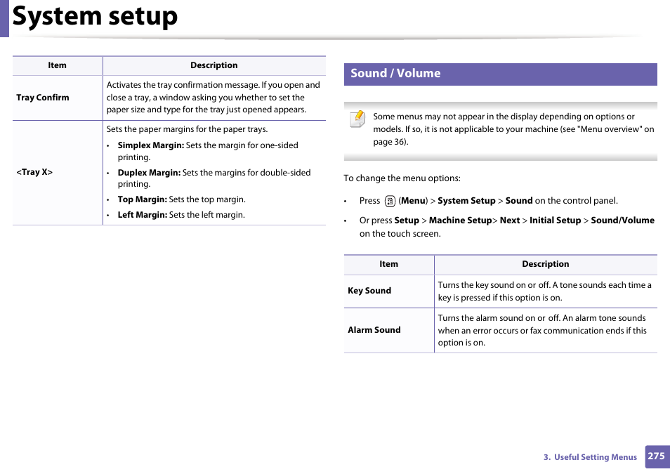 System setup, Sound / volume | Samsung CLX-4195N-XAX User Manual | Page 275 / 423