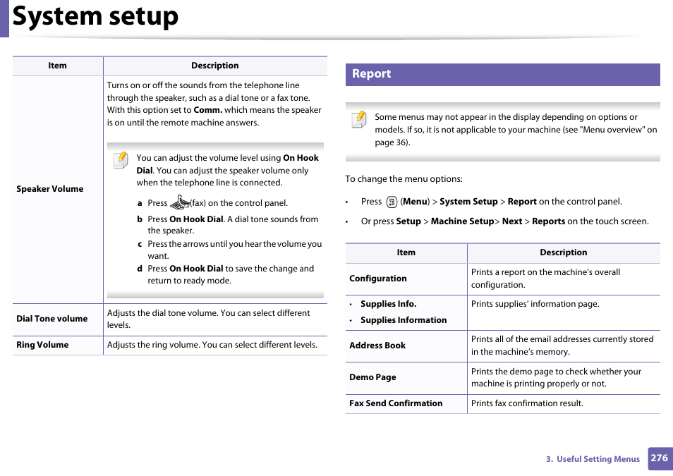 System setup, Report | Samsung CLX-4195N-XAX User Manual | Page 276 / 423