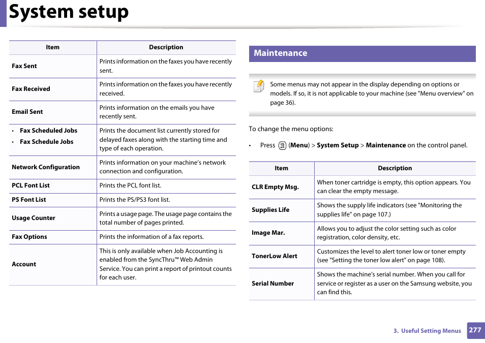 System setup, Maintenance | Samsung CLX-4195N-XAX User Manual | Page 277 / 423