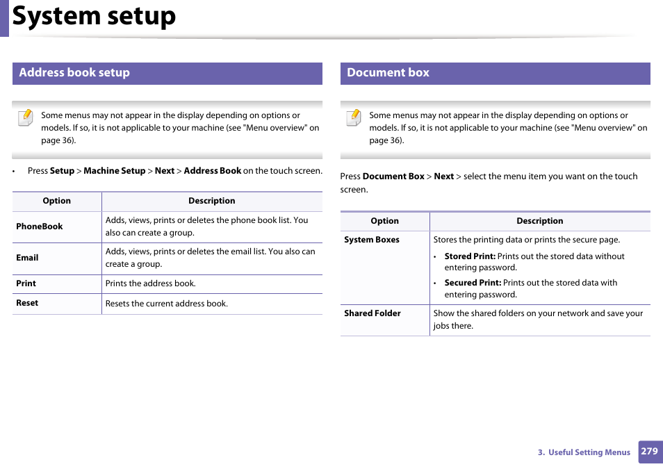 System setup, Address book setup, Document box | Samsung CLX-4195N-XAX User Manual | Page 279 / 423