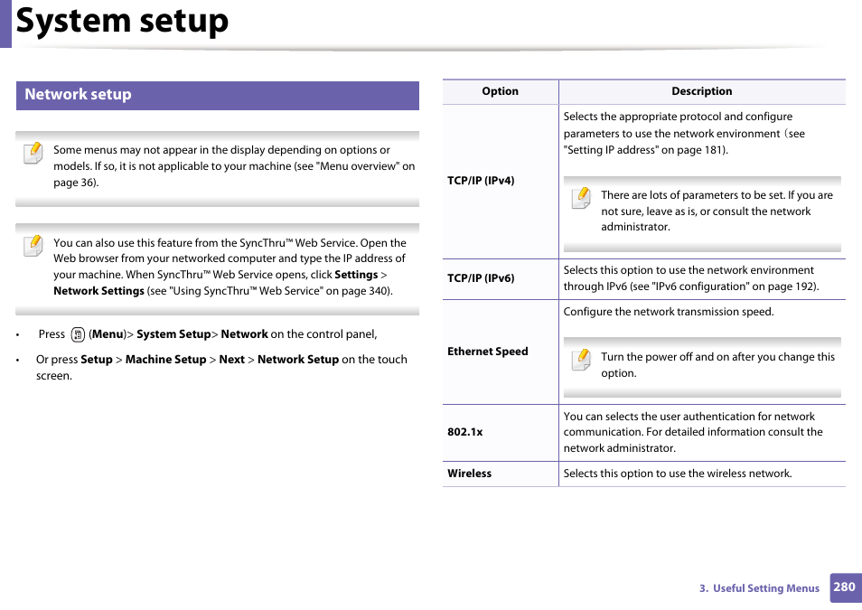 System setup, Network setup | Samsung CLX-4195N-XAX User Manual | Page 280 / 423