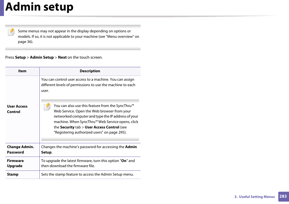 Admin setup | Samsung CLX-4195N-XAX User Manual | Page 283 / 423