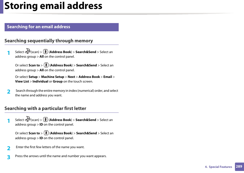Storing email address | Samsung CLX-4195N-XAX User Manual | Page 289 / 423