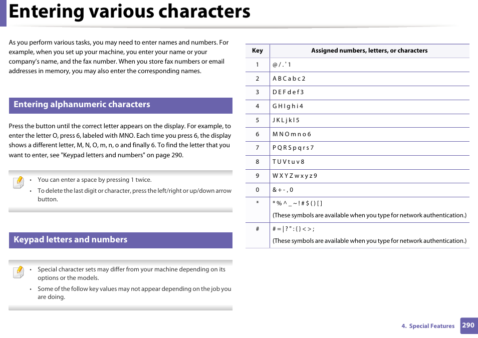 Entering various characters, Entering alphanumeric characters, Keypad letters and numbers | Samsung CLX-4195N-XAX User Manual | Page 290 / 423