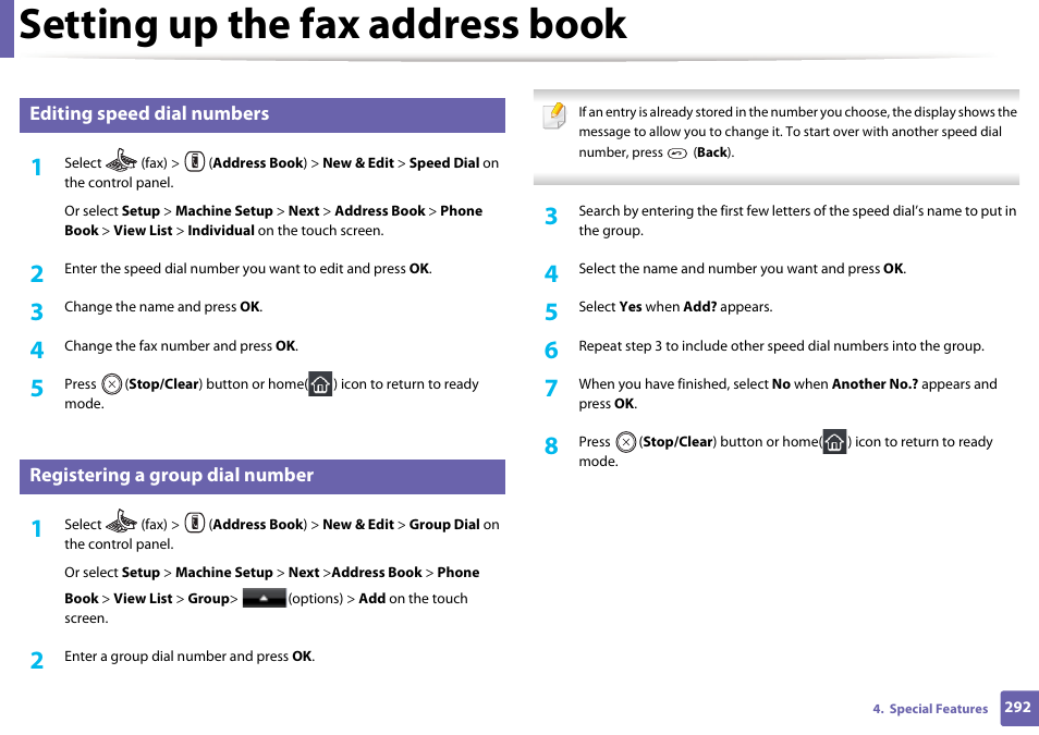 Setting up the fax address book | Samsung CLX-4195N-XAX User Manual | Page 292 / 423
