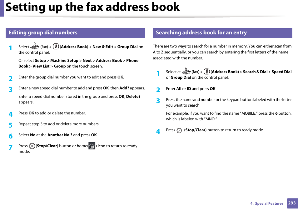 Setting up the fax address book | Samsung CLX-4195N-XAX User Manual | Page 293 / 423