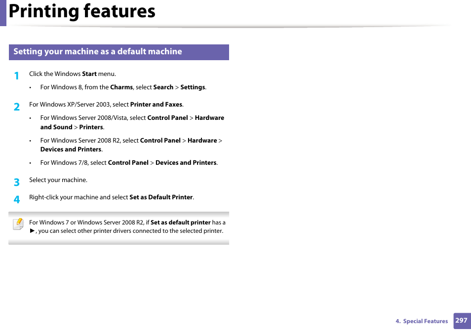 Printing features, Setting your machine as a default machine | Samsung CLX-4195N-XAX User Manual | Page 297 / 423