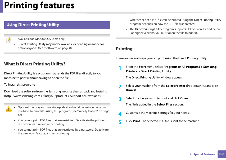 Printing features, What is direct printing utility, Printing | Using direct printing utility | Samsung CLX-4195N-XAX User Manual | Page 306 / 423