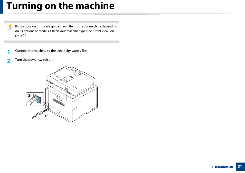 Turning on the machine | Samsung CLX-4195N-XAX User Manual | Page 31 / 423