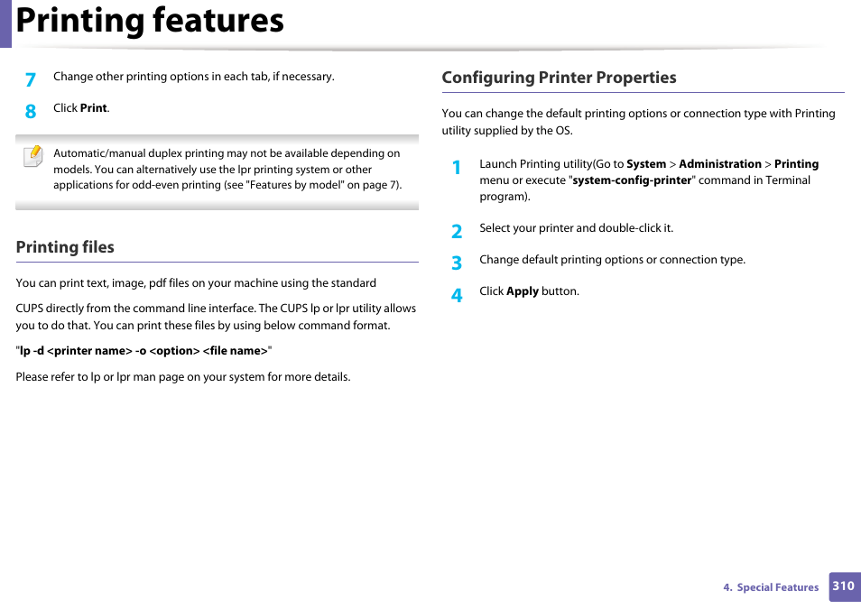 Printing features | Samsung CLX-4195N-XAX User Manual | Page 310 / 423