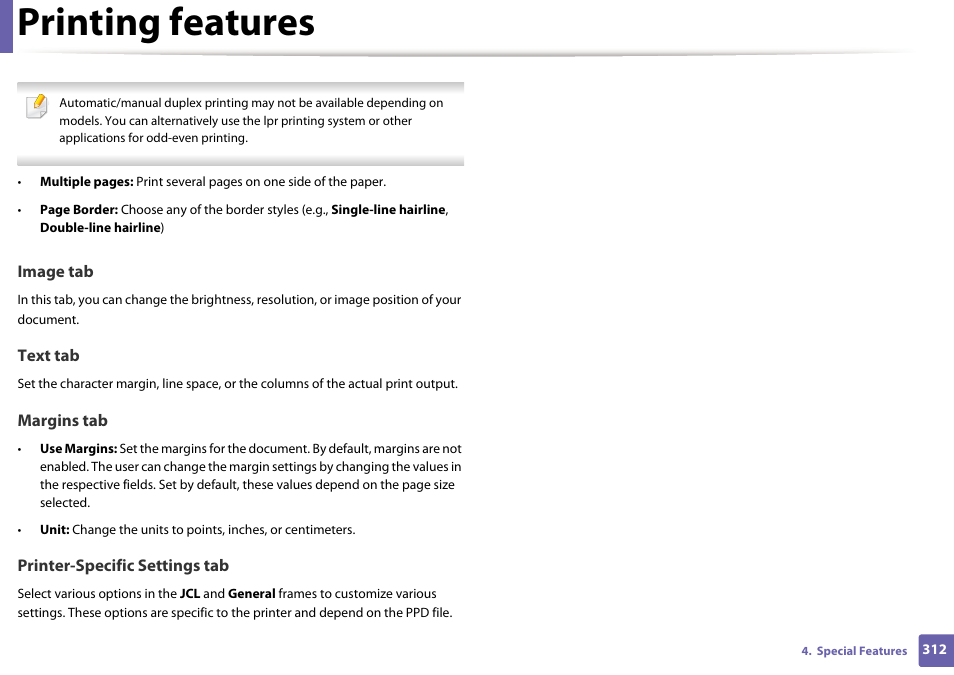 Printing features | Samsung CLX-4195N-XAX User Manual | Page 312 / 423