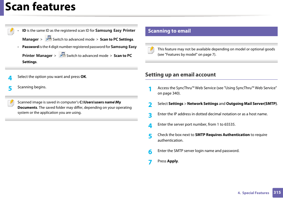 Scan features, Setting up an email account, Scanning to email | Samsung CLX-4195N-XAX User Manual | Page 315 / 423