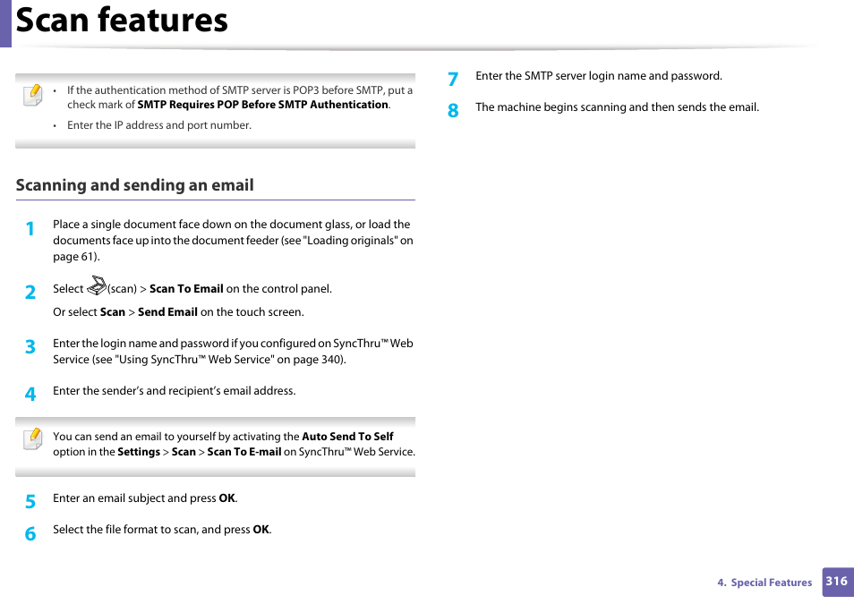 Scan features, Scanning and sending an email | Samsung CLX-4195N-XAX User Manual | Page 316 / 423