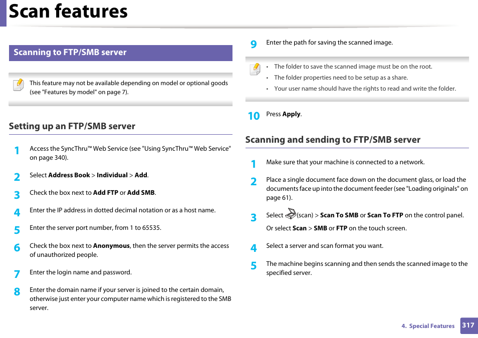 Scan features | Samsung CLX-4195N-XAX User Manual | Page 317 / 423