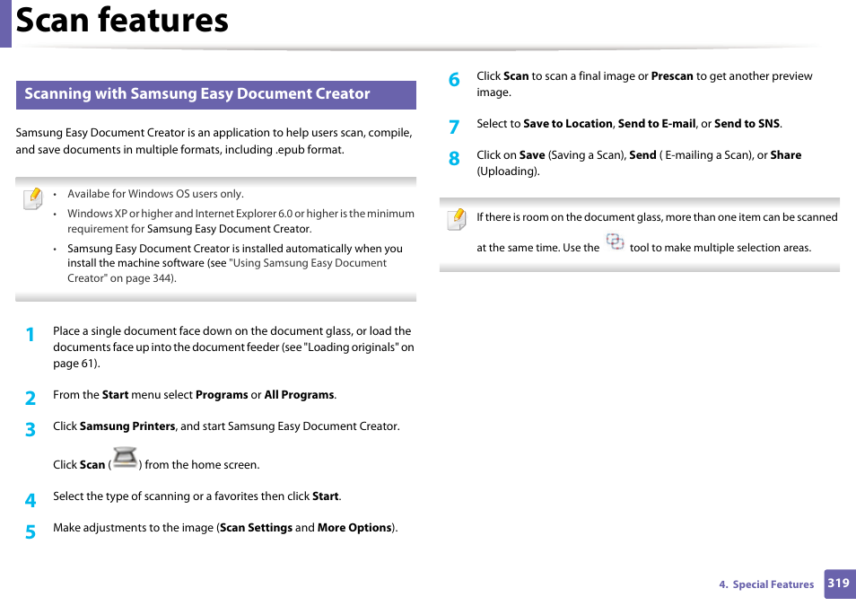 Scan features, Scanning with samsung easy document creator | Samsung CLX-4195N-XAX User Manual | Page 319 / 423