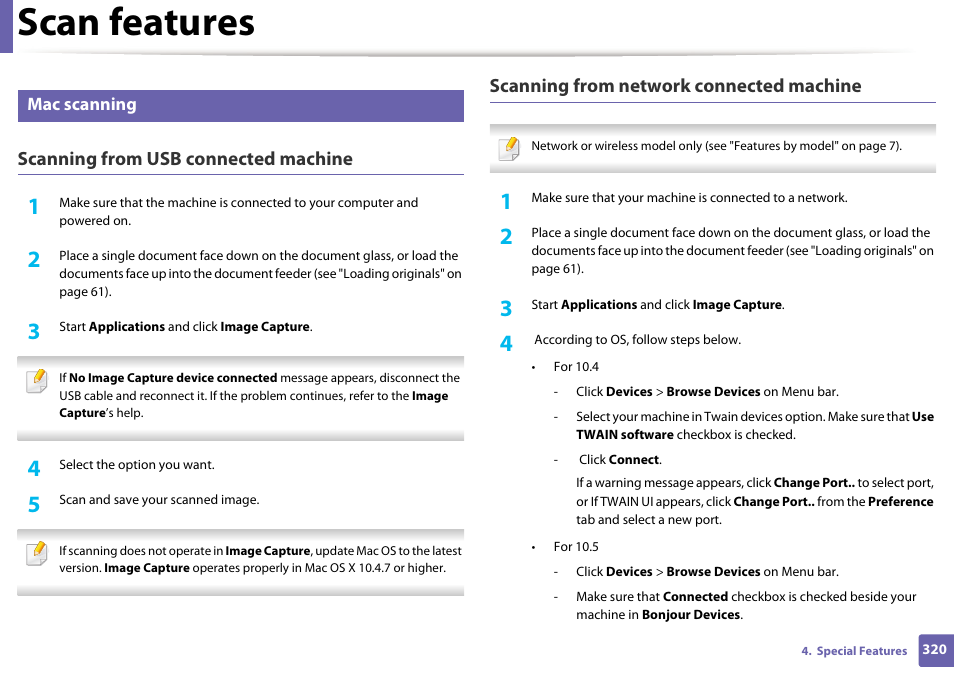 Scan features, Scanning from usb connected machine, Scanning from network connected machine | Mac scanning | Samsung CLX-4195N-XAX User Manual | Page 320 / 423