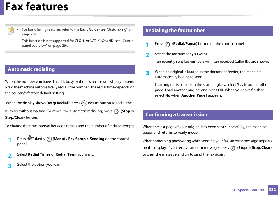 Fax features, Automatic redialing, Redialing the fax number | Confirming a transmission | Samsung CLX-4195N-XAX User Manual | Page 322 / 423