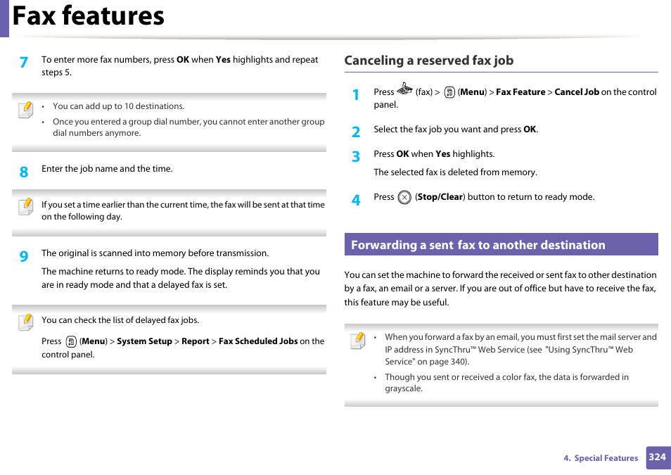 Fax features, Canceling a reserved fax job, Forwarding a sent fax to another destination | Samsung CLX-4195N-XAX User Manual | Page 324 / 423