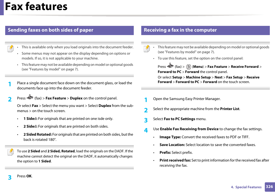 Fax features, Sending faxes on both sides of paper, Receiving a fax in the computer | Samsung CLX-4195N-XAX User Manual | Page 326 / 423