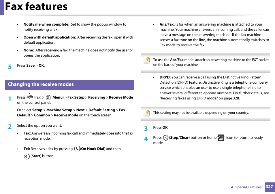 See "changing, Fax features, Changing the receive modes | Samsung CLX-4195N-XAX User Manual | Page 327 / 423