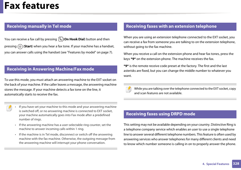Fax features, Receiving manually in tel mode, Receiving in answering machine/fax mode | Receiving faxes with an extension telephone, Receiving faxes using drpd mode | Samsung CLX-4195N-XAX User Manual | Page 328 / 423