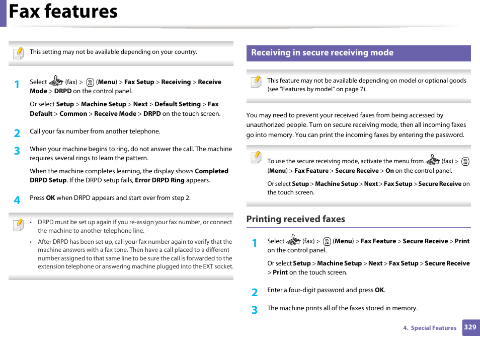 Fax features, Printing received faxes, Receiving in secure receiving mode | Samsung CLX-4195N-XAX User Manual | Page 329 / 423