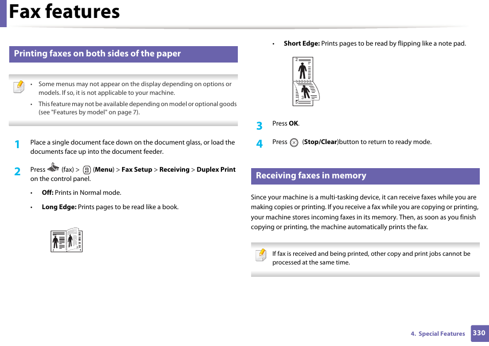 Fax features, Printing faxes on both sides of the paper | Samsung CLX-4195N-XAX User Manual | Page 330 / 423