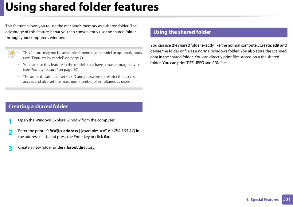 Using shared folder features, Creating a shared folder, Using the shared folder | Samsung CLX-4195N-XAX User Manual | Page 331 / 423