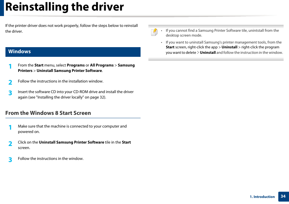 Reinstalling the driver | Samsung CLX-4195N-XAX User Manual | Page 34 / 423