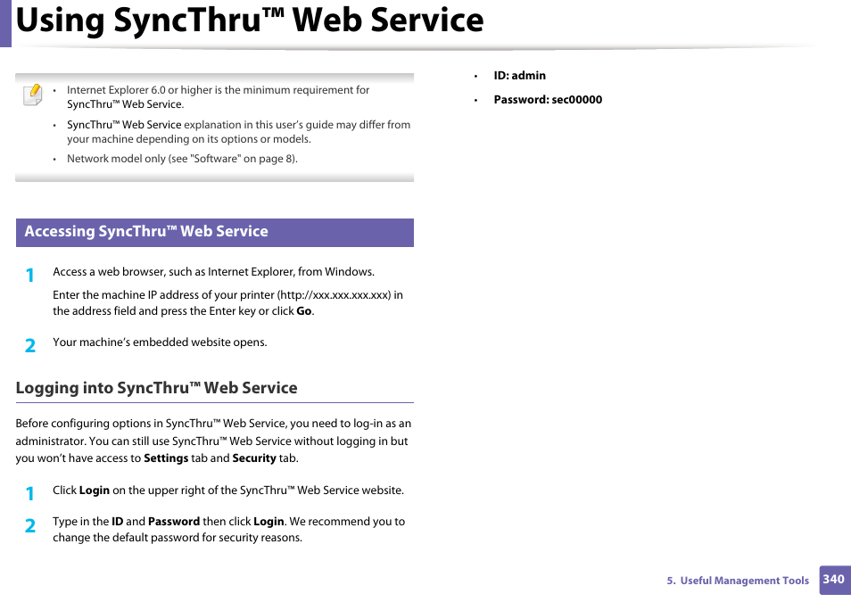 Using syncthru™ web service, Logging into syncthru™ web service, Accessing syncthru™ web service | Samsung CLX-4195N-XAX User Manual | Page 340 / 423