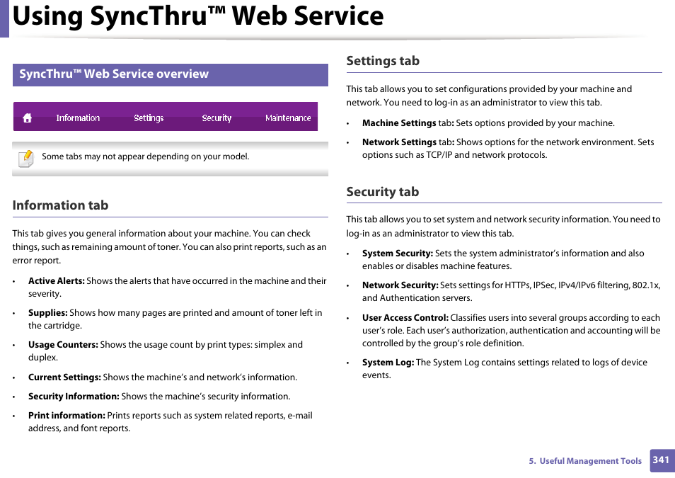 Using syncthru™ web service, Information tab, Settings tab | Security tab, Syncthru™ web service overview | Samsung CLX-4195N-XAX User Manual | Page 341 / 423
