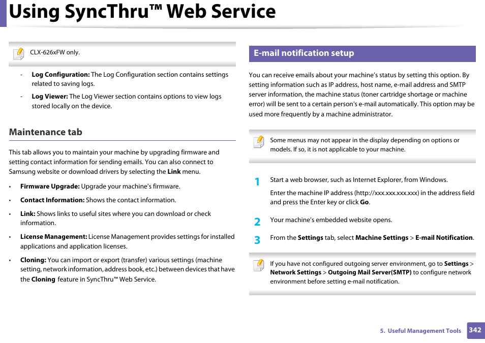 Using syncthru™ web service, Maintenance tab, E-mail notification setup | Samsung CLX-4195N-XAX User Manual | Page 342 / 423