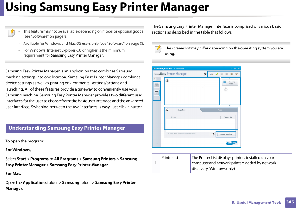 Using samsung easy printer manager, Understanding samsung easy printer manager | Samsung CLX-4195N-XAX User Manual | Page 345 / 423