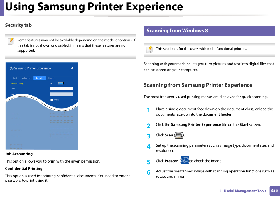 Using samsung printer experience, Scanning from samsung printer experience, Scanning from windows 8 | Samsung CLX-4195N-XAX User Manual | Page 355 / 423