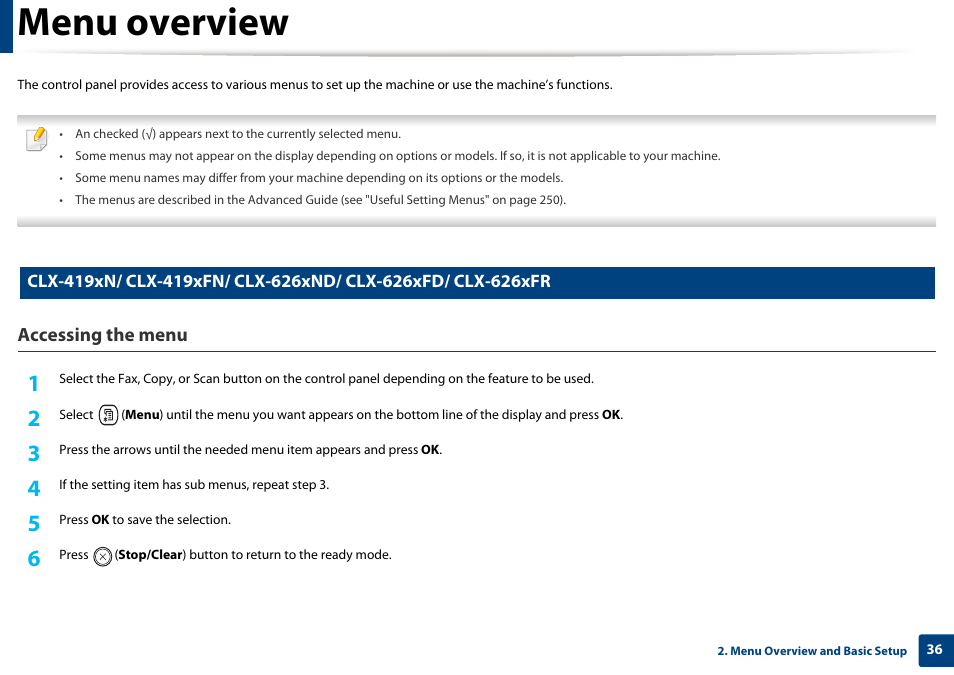 Menu overview, Accessing the menu | Samsung CLX-4195N-XAX User Manual | Page 36 / 423