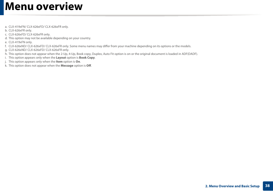 Menu overview | Samsung CLX-4195N-XAX User Manual | Page 38 / 423