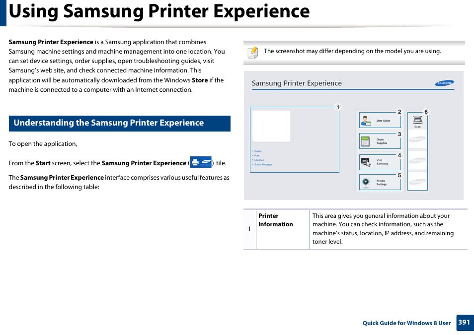 Using samsung printer experience, Understanding the samsung printer experience | Samsung CLX-4195N-XAX User Manual | Page 391 / 423