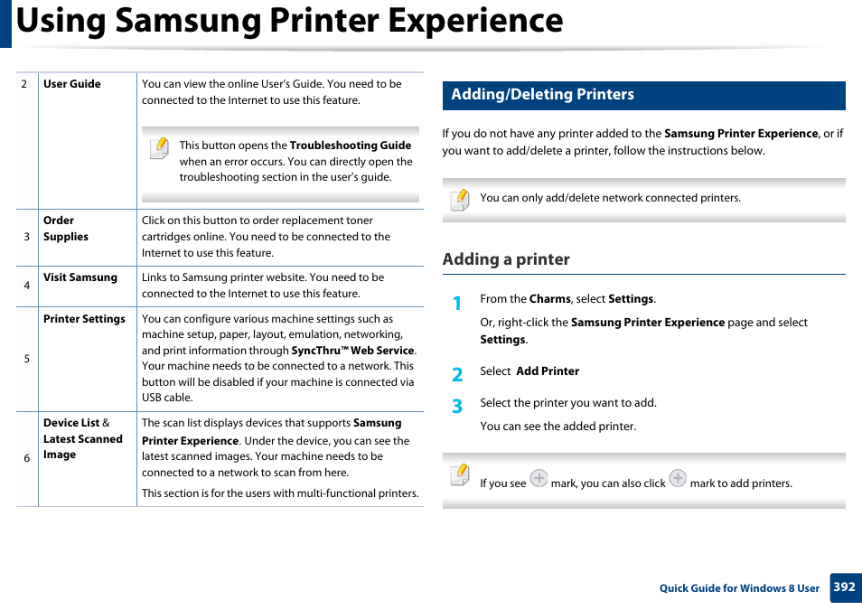 Using samsung printer experience, Adding a printer, Adding/deleting printers | Samsung CLX-4195N-XAX User Manual | Page 392 / 423