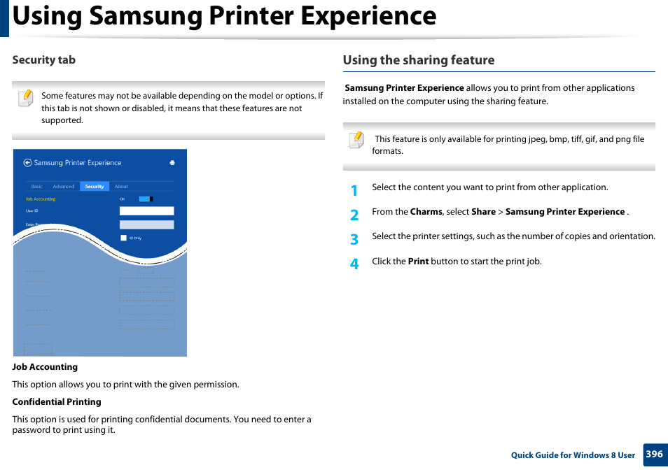 Using samsung printer experience, Using the sharing feature | Samsung CLX-4195N-XAX User Manual | Page 396 / 423