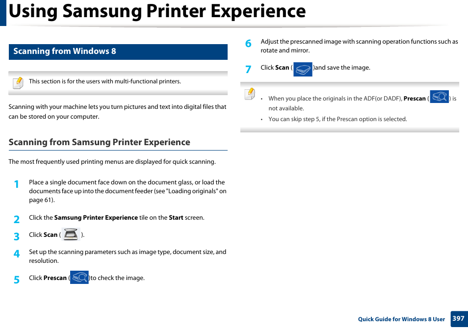 Using samsung printer experience, Scanning from samsung printer experience, Scanning from windows 8 | Samsung CLX-4195N-XAX User Manual | Page 397 / 423