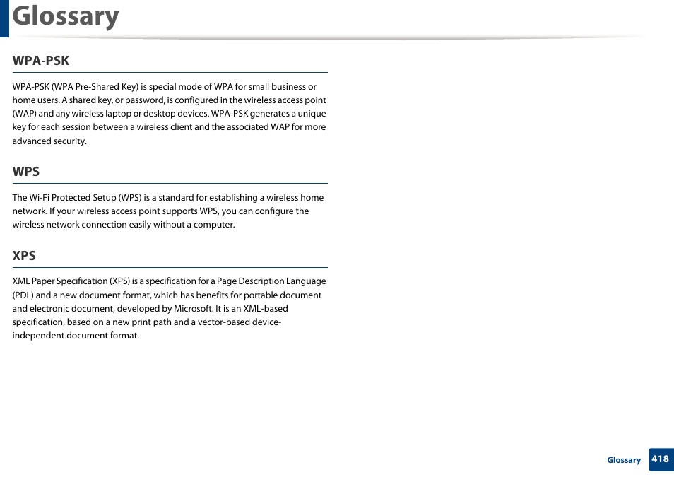 Glossary, Wpa-psk | Samsung CLX-4195N-XAX User Manual | Page 418 / 423