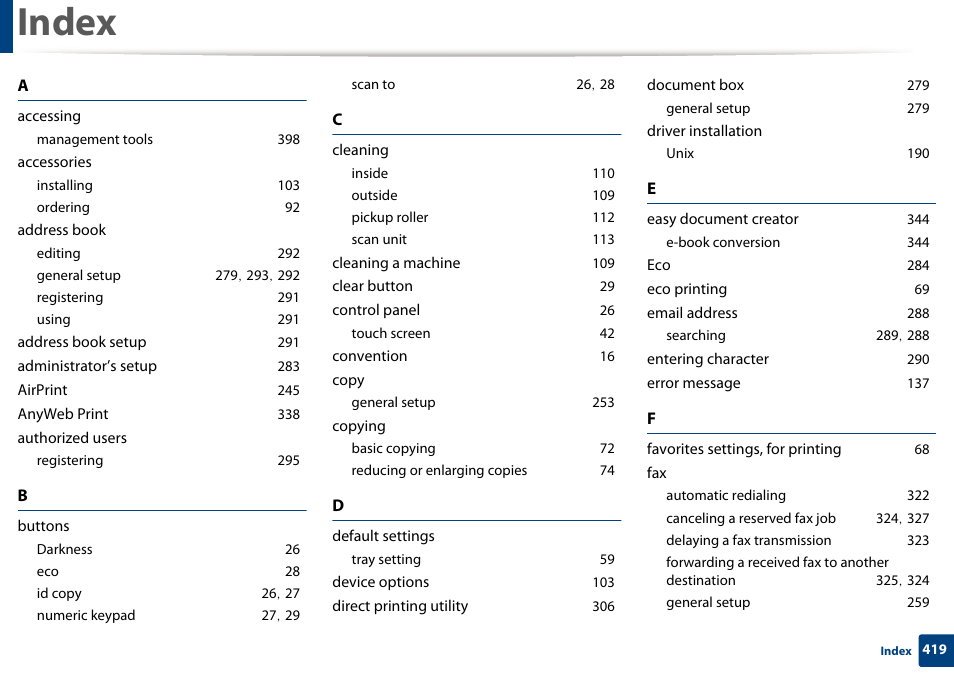 Index | Samsung CLX-4195N-XAX User Manual | Page 419 / 423