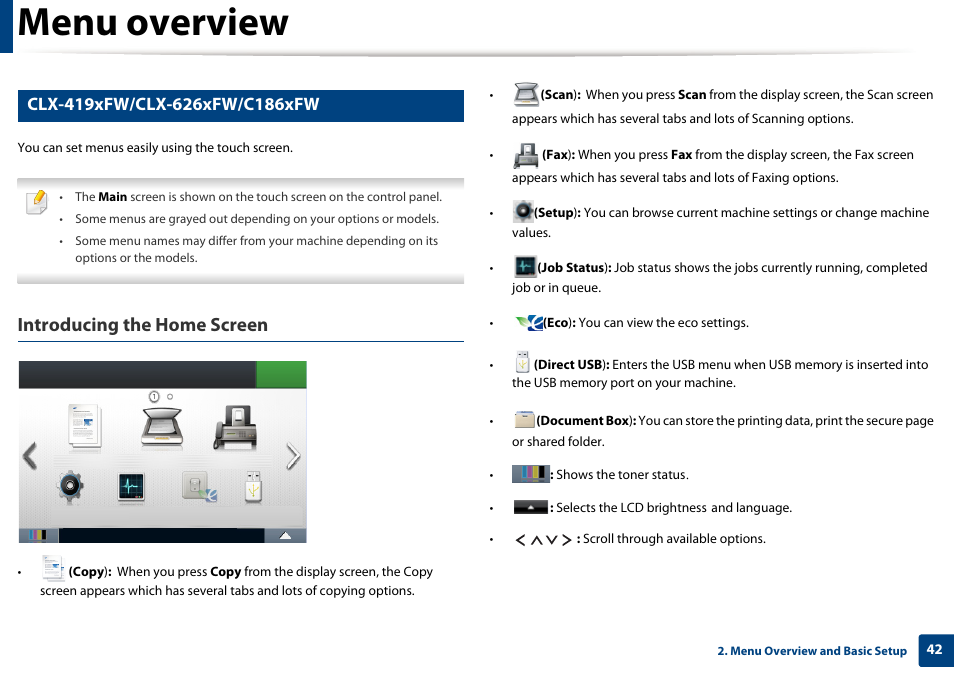 Menu overview, Introducing the home screen | Samsung CLX-4195N-XAX User Manual | Page 42 / 423