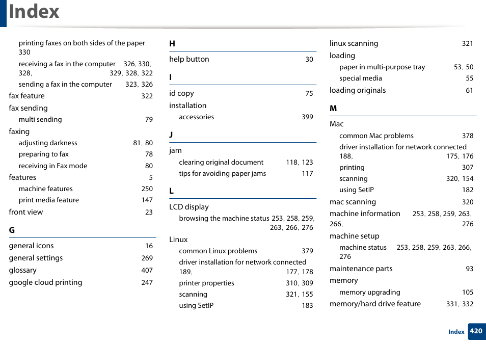 Index | Samsung CLX-4195N-XAX User Manual | Page 420 / 423