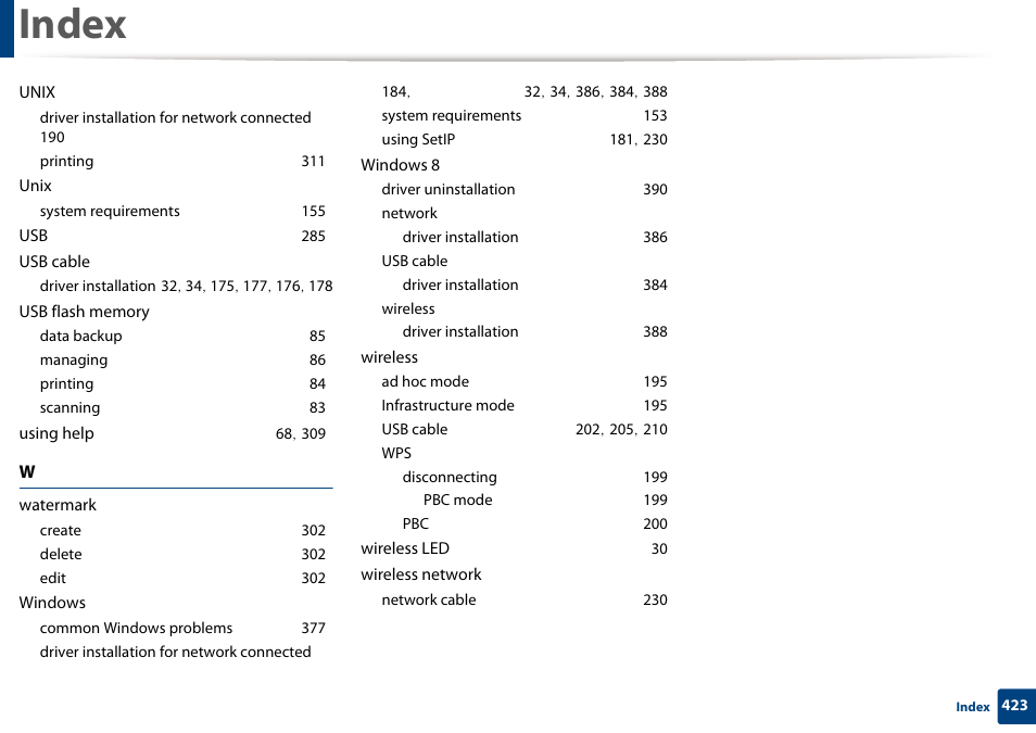 Index | Samsung CLX-4195N-XAX User Manual | Page 423 / 423