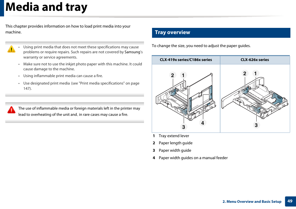 Media and tray, Tray overview | Samsung CLX-4195N-XAX User Manual | Page 49 / 423