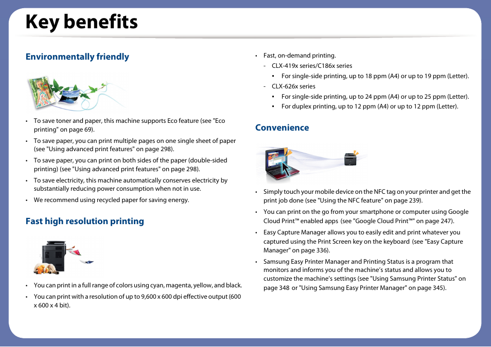 Key benefits, Environmentally friendly, Fast high resolution printing | Convenience | Samsung CLX-4195N-XAX User Manual | Page 5 / 423